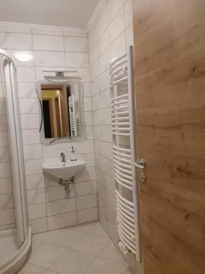 a bathroom with a sink and a mirror at Apartma svizec in Bled