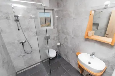 a bathroom with a shower and a sink and a toilet at Apartments PIT Zdole in Kozje