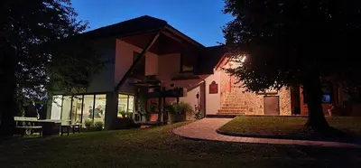 a house with a tree in front of it at Apartments PIT Zdole in Kozje