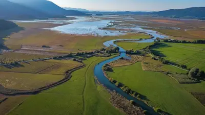 an aerial view of a river in a field at Hiša Zdravega Oddiha in Begunje pri Cerknici