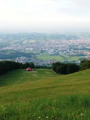 a green hill with a city in the distance at Luxury Wide View Apartment Pohorje Bellevue in Pohorje