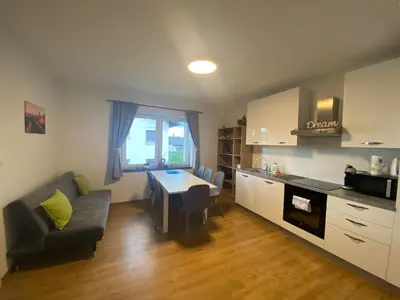 a kitchen and living room with a couch and a table at VILA ADA - 4 Cosy Apartments in Ljubljana