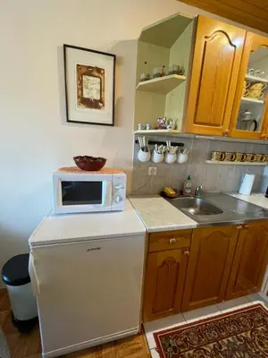 a kitchen with a microwave and a sink at Vintage Holiday House in Šoštanj