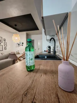 a green bottle sitting on a wooden table with a vase at Apartment Center Rogaška - Pubyland in Rogaška Slatina