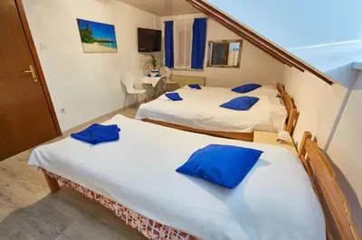 two beds in a room with blue pillows at Apartma Steles in Stari Trg pri Ložu
