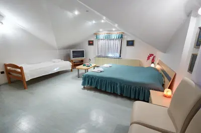 a bedroom with a bed and a desk and a tv at Apartma Steles in Stari Trg pri Ložu