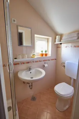 a bathroom with a sink and a toilet and a mirror at Apartma Steles in Stari Trg pri Ložu