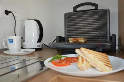 a plate with a sandwich and tomatoes on a counter at Casa Miranda - family comfort in a quiet area, near the sea, with BBQ and FREE parking in Zgornje Škofije