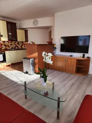 a living room with a tv and a glass table at Apartma Nika in Planina