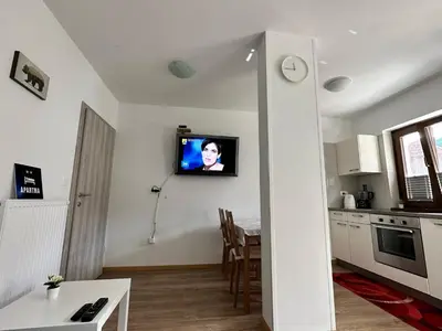 a living room with a tv on a wall at APARTMA ALMA in Bovec