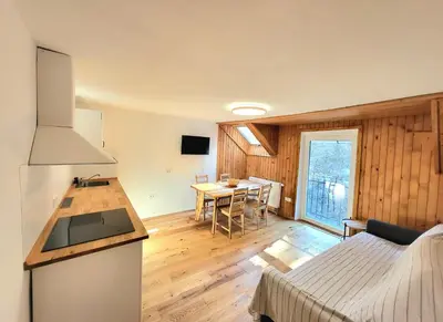 a kitchen and living room with a bed and a table at Bella Bela Apartments 23 in Bled