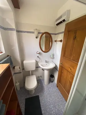 a bathroom with a toilet and a sink and a mirror at Apartmaji SOČA in Most na Soči