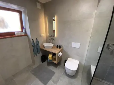 a bathroom with a sink and a toilet and a shower at Apartmaji SOČA in Most na Soči