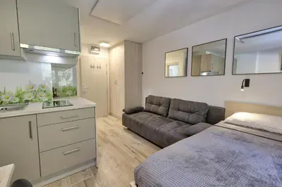 a living room with a couch and a bed in it at Studio Pika in Kranjska Gora