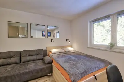 a bedroom with a bed and a couch at Studio Pika in Kranjska Gora