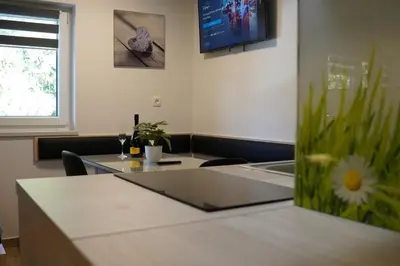 a meeting room with a table and a window at Studio Pika in Kranjska Gora