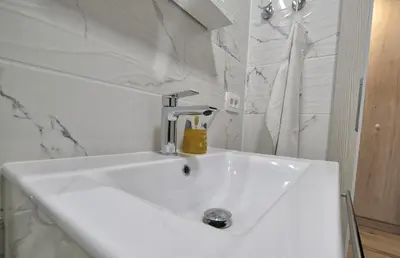 a white sink with a faucet in a bathroom at Studio Pika in Kranjska Gora