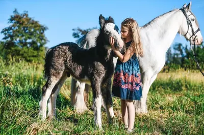 a young girl hugging a baby horse and a pony at Apartment Country House Zaton in Tišina