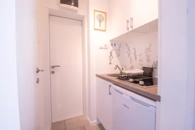 a white kitchen with a sink and a counter at Bled Lake Apartment House in Bled