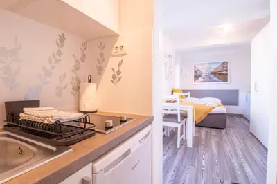 a kitchen with a sink and a bedroom with a bed at Bled Lake Apartment House in Bled