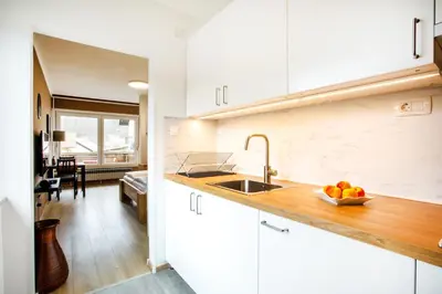 a kitchen with white cabinets and a bowl of fruit on the counter at House Stepic in Sava
