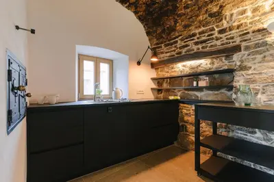 a kitchen with black cabinets and a stone wall at PIRA HOTEL in Postojna