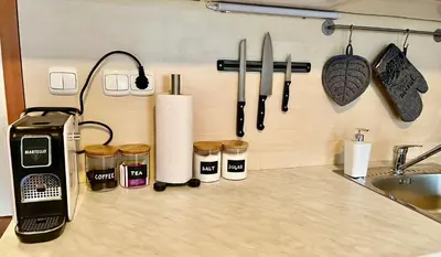 a kitchen counter with a toaster and some spices at Apartment Anka in Bovec