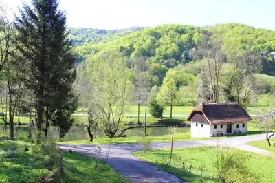 a small white house on a road in a field at Art house Tufi in Bistrica ob Sotli