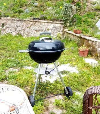 a grill sitting on a stand in the grass at Art house Tufi in Bistrica ob Sotli