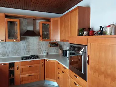 a kitchen with wooden cabinets and a stove top oven at Domačija pri Ivankovih in Osilnica