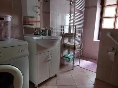 a bathroom with a sink and a washing machine at Domačija pri Ivankovih in Osilnica