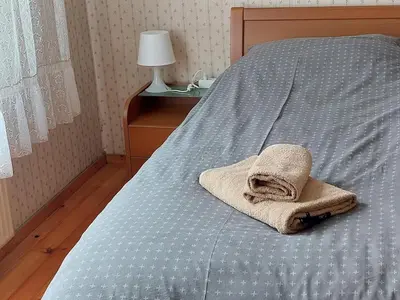 a bed with a towel sitting on top of it at Domačija pri Ivankovih in Osilnica
