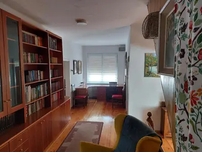 a living room with bookshelves and a couch at Domačija pri Ivankovih in Osilnica