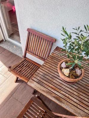 a wooden bench and a potted plant on a patio at Marta's Place in Nova Gorica