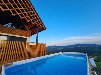 a swimming pool with a view of the mountains at Villa Strtenica in the vineyard in Pristava pri Mestinju