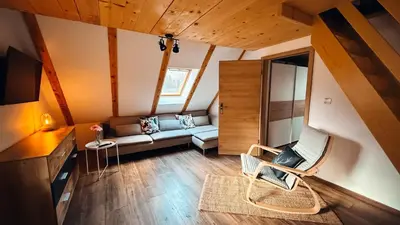 a living room with a couch and a tv at Apartments Mala Korita Soče in Soča