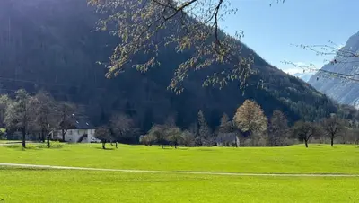a field of green grass with a mountain in the background at Apartments Mala Korita Soče in Soča