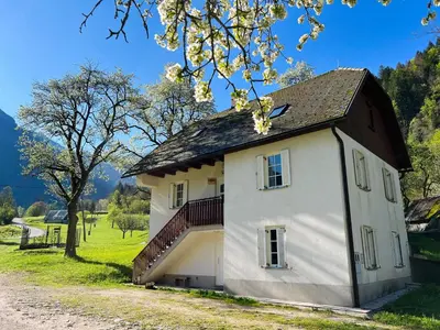a white house with a brown roof at Apartments Mala Korita Soče in Soča