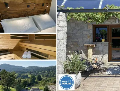 a collage of pictures with a bed and a house at Spacious apartment in nature with sauna! in Postojna