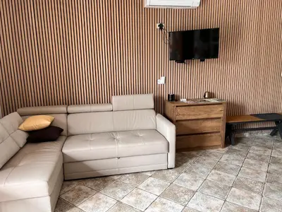 a living room with a couch and a flat screen tv at Spacious apartment in nature with sauna! in Postojna