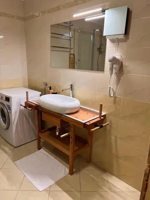 a bathroom with a sink and a washing machine at Spacious apartment in nature with sauna! in Postojna