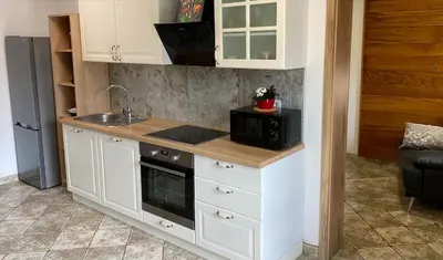 a kitchen with a microwave and a stove top oven at Spacious apartment in nature with sauna! in Postojna