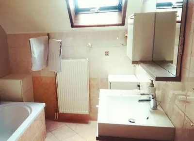 a bathroom with a sink and a tub and a mirror at Farmhouse Apartment Happy Cow in Mavčiče