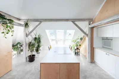 a large kitchen with white cabinets and potted plants at Sheila's Loft in Ljubljana