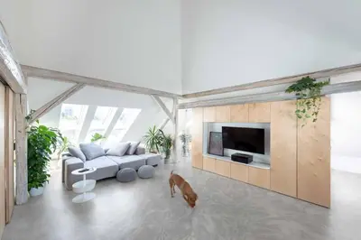 a living room with a couch and a dog in it at Sheila's Loft in Ljubljana