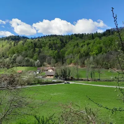 a green field with a house in the distance at Nice Apartment near by Capital of Slovenia in Ljubljana