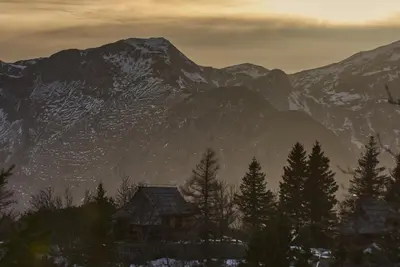 a mountain with trees and a house in the foreground at Koča Kronca - Velika planina in Stahovica