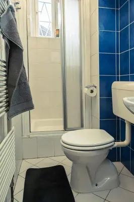 a bathroom with a toilet and a shower and a sink at Cactus apartment FREE parking for a standard car in Ljubljana