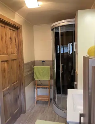 a bathroom with a shower and a green chair at Holiday home in Drganja sela Kranjska Krain 42002 in Drganja Sela