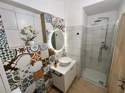 a bathroom with a shower and a sink and a mirror at Apartment TiSa, Ljubljana in Ljubljana